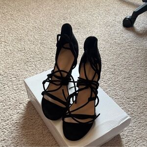 Black Strappy Lace-Up Women's Heeled Sandals